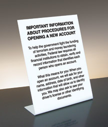 Patriot Act Sign (Important Information) - 11w x 14h Countertop Acrylic