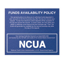 Wall Funds Availability Sign w/ NCUA logo - 7w x 6.5h