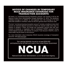 Transaction Account Coverage Sign for NCUA - Wall 7w x 6.5h