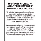 Patriot Act (Important Information) Sign - 11w x 14h Laser Printed