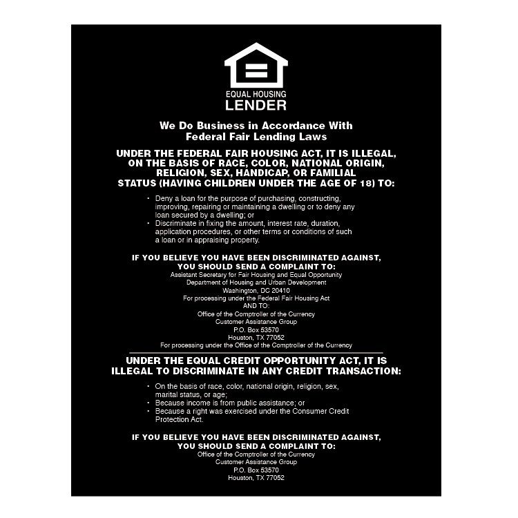 Equal Housing Lender - Black Acrylic - National Banks