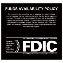 Acrylic Funds Availability Wall Sign with FDIC - Std Copy