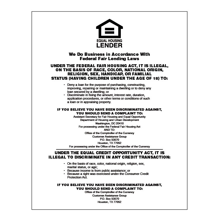 Equal Housing Lender - Poster Paper - National Banks